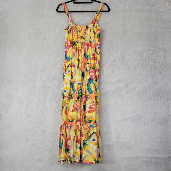 Farm Rio Yellow Textured Tropical Floral Swiss Dot Tiered Maxi Dress Medium - Picture 3 of 14
